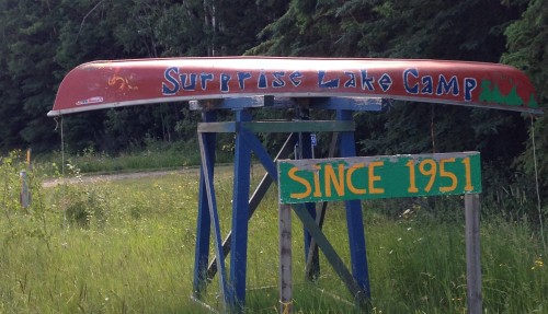 surprise lake camp canoe sign